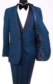 Men's Bryan Michaels Flat Front Trousers Shawl Collar Indigo ~ Bright Blue ~ Teal ~ Indigo ~ Royal Blue One Button Tuxedo