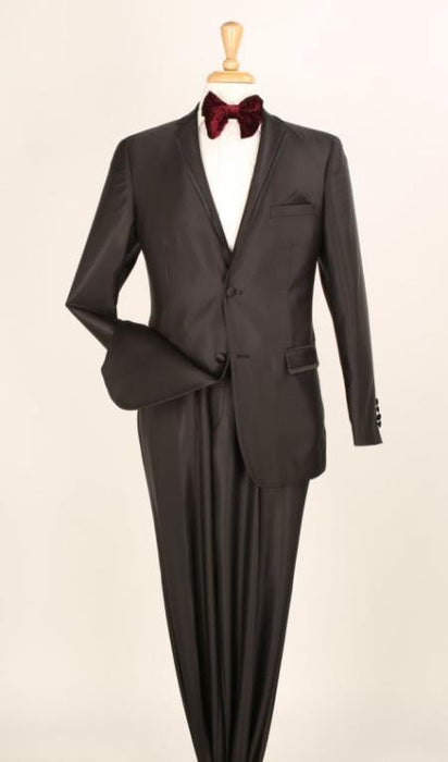 Men's 2 Piece Executive Suit -Pocket/Collar Shiny Flashy Satin Silky Metallic- Black Men's Sharkskin Suit