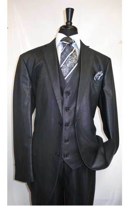 Mens Three Piece Suit - Vested Suit Mens Shiny Shark Flashy Satin 3 Piece Black Suit