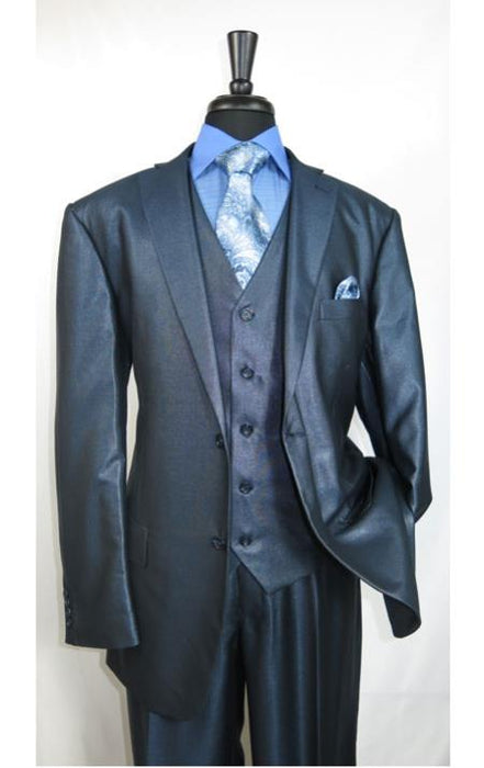 Mens Three Piece Suit - Vested Suit Mens Shiny Shark 2 Side Vented Vested 3 Piece Blue Suit