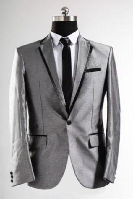 Men's Shiny Flashy Sharkskin Silver Grey ~ Gray With Black Trim Tuxedo Suits Jacket Blazer