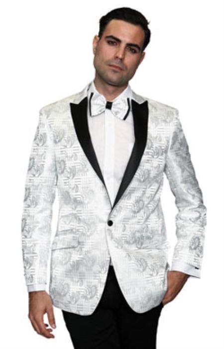 Men's Flashy Fancy Satin Shiny Tuxedo Dinner Jacket Blazer Paisley Sport Coat Silky Satin Stage Fancy Stage Party Dance White/Black