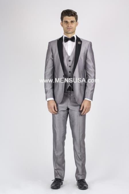 Men's Silver Grey Tux ~ Gray Tuxedo Black Lapel Wedding Groom Suit