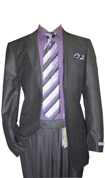 1 Button Peak Lapel Sharkskin Charcoal Wool and Silk Blend Flat Front Fitted Suit