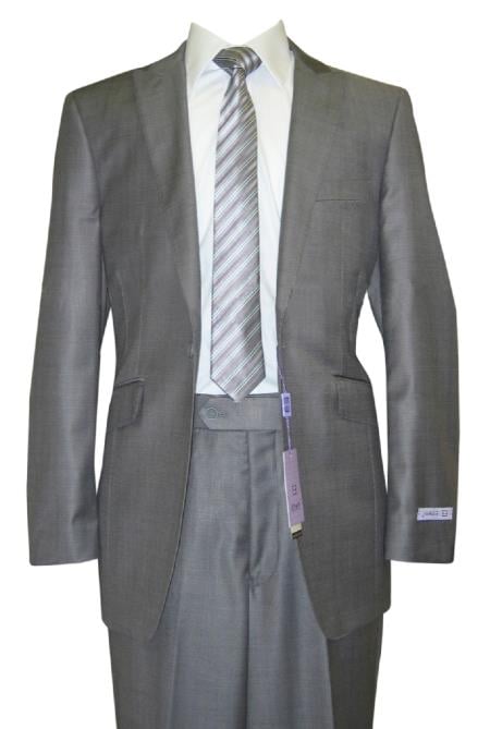 1 Button Peak Lapel Grey Sharkskin Wool and Silk Blend Flat Front Fitted Suit