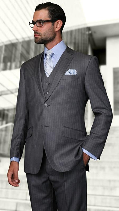 Men's Gray Pinstripe Three Piece Slim Fit Suits