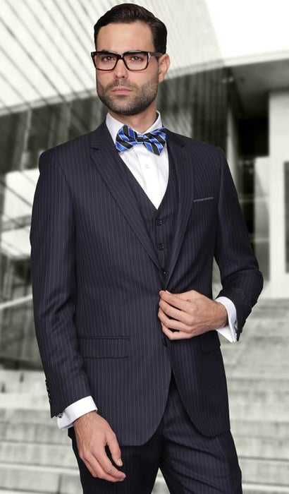 Slim Fit Navy Wool Pinstripe Three Piece Jacket & Pants