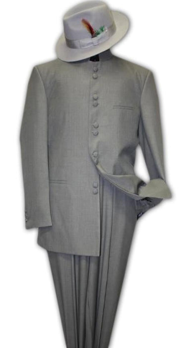 Solid Color Gray ~ Grey Mandarin Collar 2PC Men's Suit Banded No Collar Style