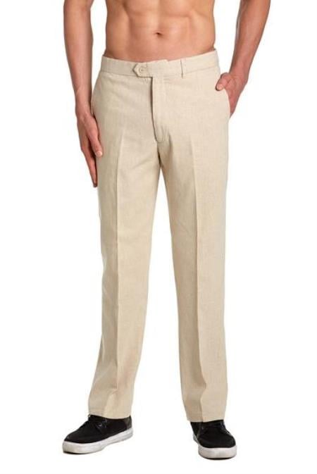 Linen Men's Dress Pants Trousers Flat Front Slacks Natural Tan