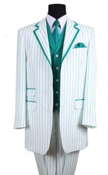 Men's 3 Button 35 Inch White/Turquoise ~ Aqua Seersucker Sear sucker Three buttons Zoot Suit - Pimp Suit - Zuit Suit Pinstriped Tuxedo Look Vest