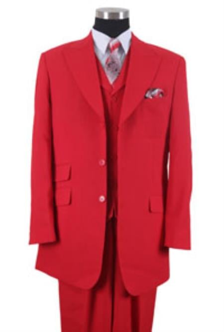 Poly Poplin Three button Mens Red Suit Jacket ~ Wide Leg Men's Peak Lapel Vested 3 Piece Dress Ticket Pocket Cheap Priced Business Suits Clearance Sale