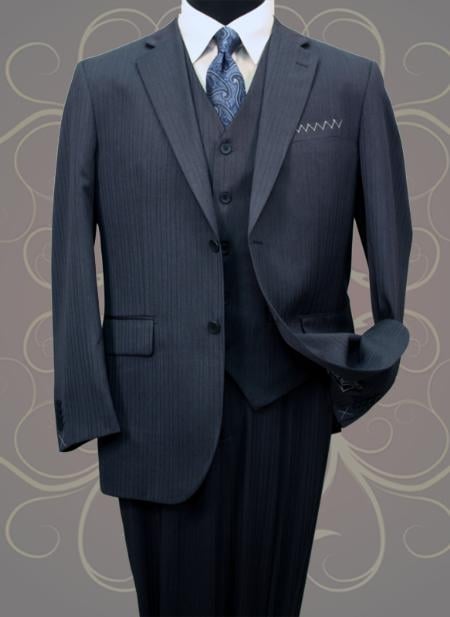 Mens Three Piece Suit - Vested Suit Classic Vested 3 Piece 2 Button Dark Navy Mini Pinstripe Men's Suit Flat Front Pants mensusa