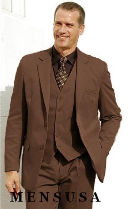 Mens Three Piece Suit - Vested Suit High Quality Brown 2 Btn Vested Poly Rayon 3 Piece Suit mensusa