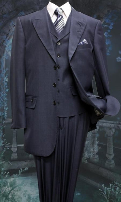 Mens Three Piece Suit - Vested Suit Mens Dark Navy One Besom Breast Pocket Fashion Suit mensusa