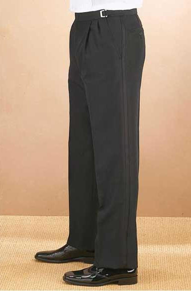 Men's Classic Fit Solid Black Adjustable Waist Polyester Pleated Tuxedo Pants unhemmed unfinished bottom