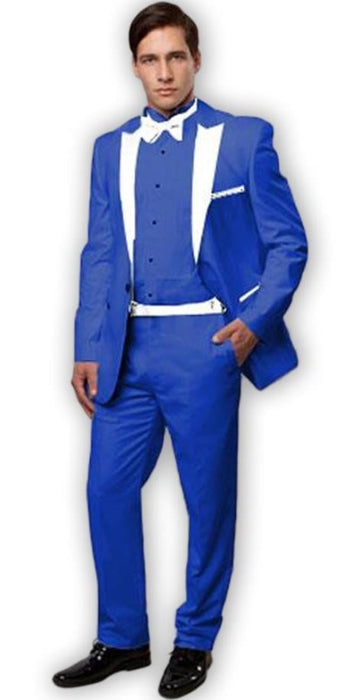 Tux -Tuxedo Royal Blue With White Lapel Vested 3 Pieces Dress Suits for Men Vested Side Vented