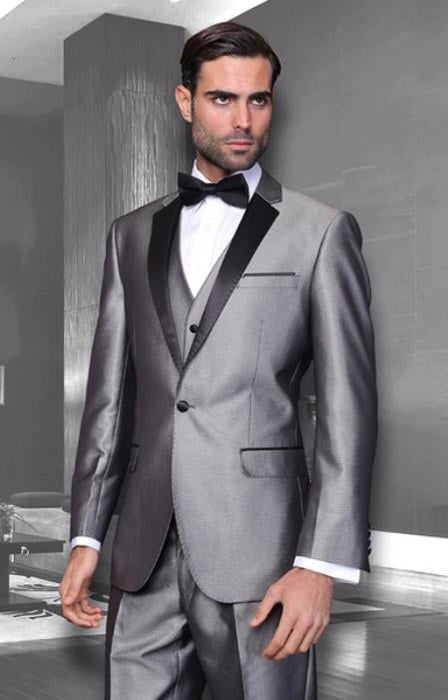 Mens Sharkskin Suits Mens Unique Bright Tuxedo Suits Vested 3 Pieces black lapel Shiny Flashy Sharskin Silver - Three Piece Suit