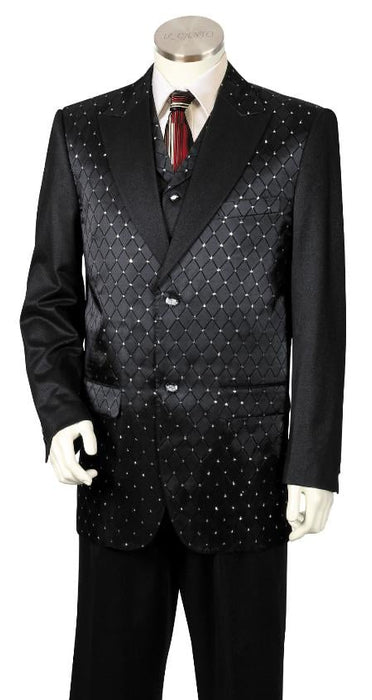 Men's 3 Piece Designer Fashion Trimmed Two Tone Blazer/Suit/Tuxedo - Fancy Diamond Pattern Black