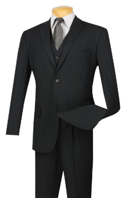 Black Two Button Style Extra Long Pinstripe Suit