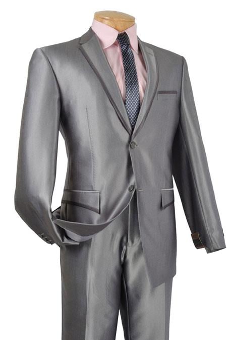 Men's Two Button Slim Fitted Cheap Priced Business Suits Clearance Sale Shiny Silver Gray Trimmed Tuxedo looking With Trim Men's Sharkskin Suit