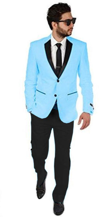 2BW2 Sky Light Blue - Baby Pastel Color With Black Lapel Tuxedo With Black Vest & Black Pants Vested 3 Pieces