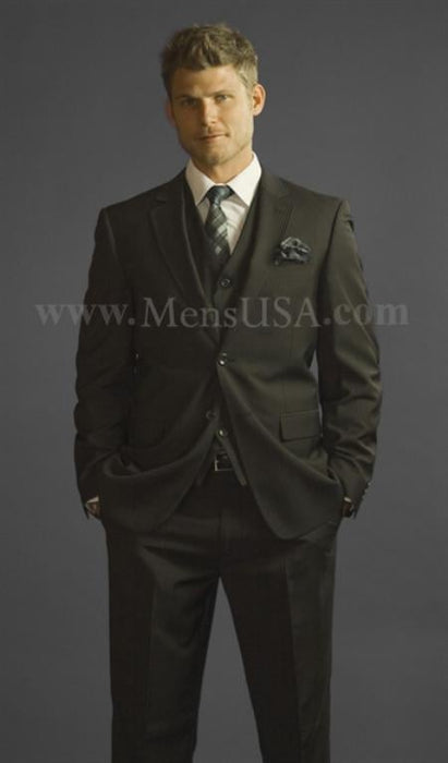 2 Button 3 Piece Black Pinstripe Fitted affordable suit online sale - Three Piece Suit