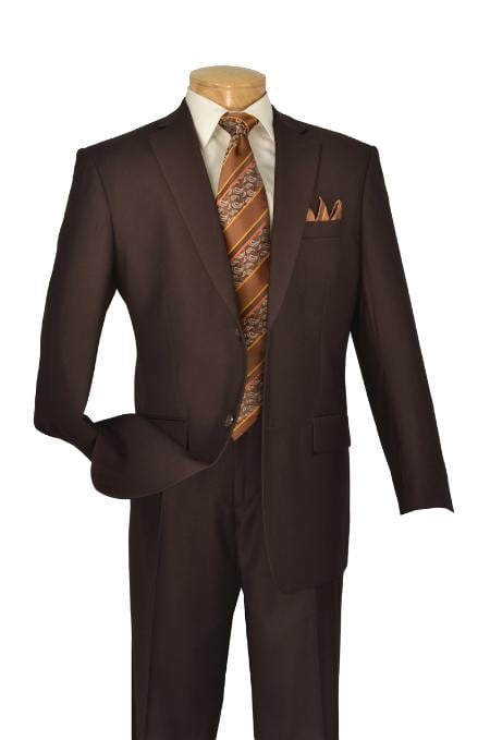 2TR Classic Fit - Executive Cut Poly-rayon Executive Pure Solid Brown Suit Notch Collar Pleated Pants