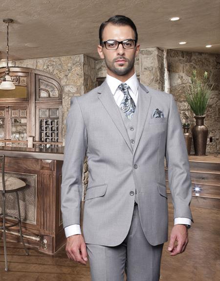 2 Button Light Gray ~ Grey Suit With A Vest Super 150'S Italian Pick Stitched Lapel Slanted Pocket - Three Piece Suit