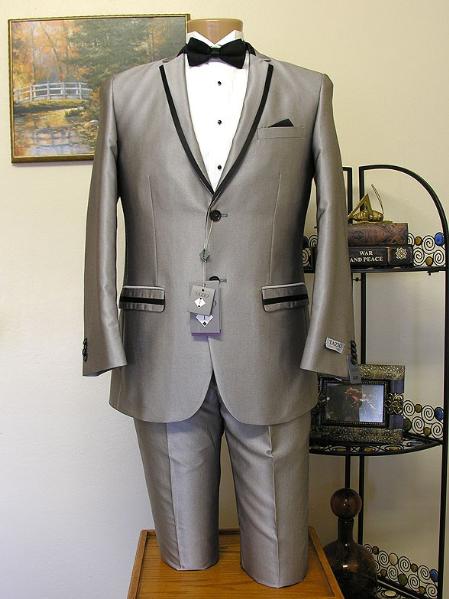 Men's Grey ~ Gray Slim Cut 2 Button Trimmed Lapel Tuxedo Jacket