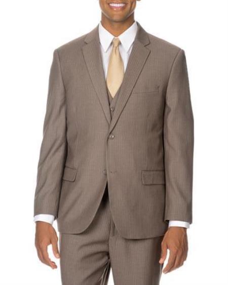 Men's Tan ~ Beige Pinstripe vested 3 Piece Suit