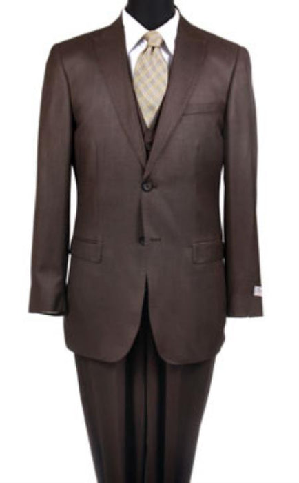 Reg:795 On Sale $249 Two Button Vested Peak Pointed 3PC Suit English Style Lapel Brown Slim Fit