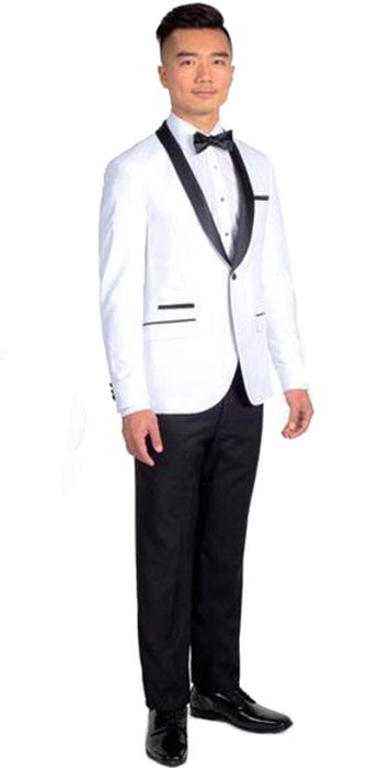 Men's White Slim Fit 1 Button Tuxedo with Black Shawl Lapel