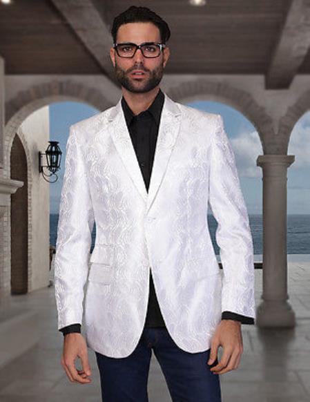 Floral Satin Shiny Flashy Silky Satin Stage Fancy Stage Party Party Dance Men's White Woven P A I S L E Y Sport Coat / Blazer