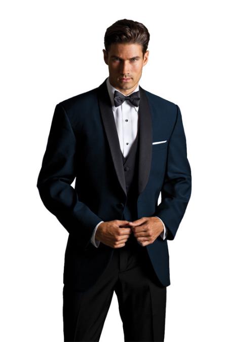 Suit Midnight Dark navy blue Suit For Men tux with black lapel Suit Shawl Collar 1 Button Dinner Jacket Looking