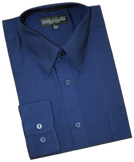 Navy Blue Cotton Blend Convertible Cuffs Men's Dress Shirt mensusa