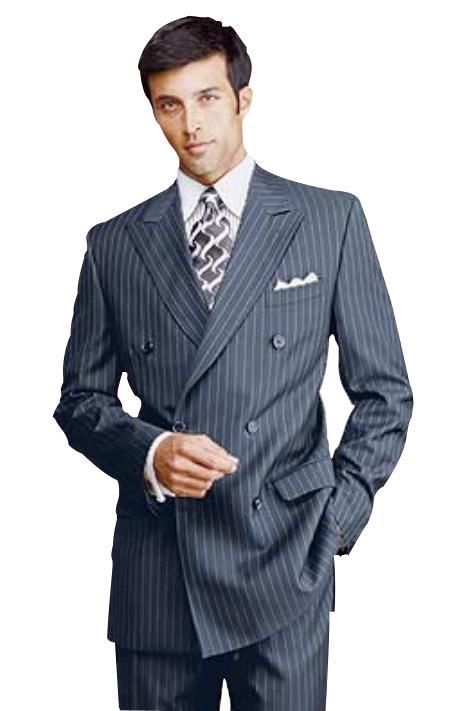 Navy Blue Pinstripe Double Breatsed Suits Pleated Pants Rayon Fabric Side Vented - mensusa