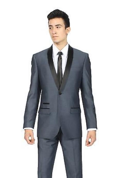 Midnight Dark Navy Blue Shawl Collar Slim Fit 2 Piece Suit Black Lapel Fashion Tuxedo For Men