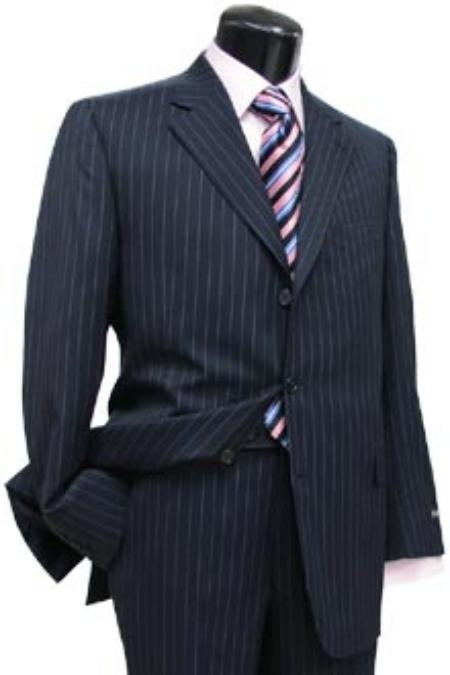 Navy Blue Suit For Men Pin Stripe ~ Pinstripe 2 or Three ~ 3 Buttons Side Vent Jacket Super 150's poly~rayon Suit mensusa