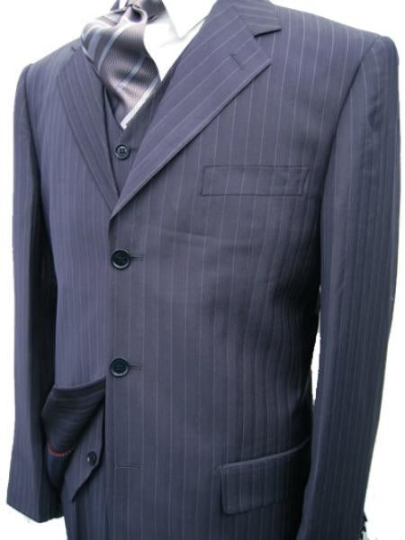 Navy Blue Suit For Men Pinstripe Super 120'S Poly~Rayon Cheap Priced Business Suits Clearance Sale Premier Quality Online Sale Clearance Available In 2 Or 3 Buttons Style Regular Classic Cut - mensusa