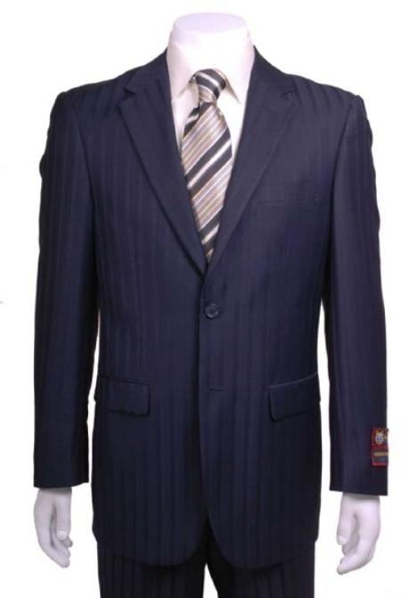 Navy Blue Suit For Men Shadow Stripe ~ Pinstripe Modern Fit 2 Button Vented without pleat Flat Front Pants mensusa