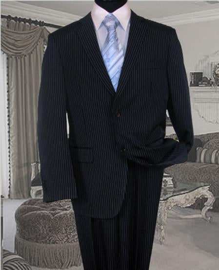 Navy With White Pinstripe Conversative 2 Button Flat Front Men's Business ~ Wedding 2 piece Side Vented Suit mensusa