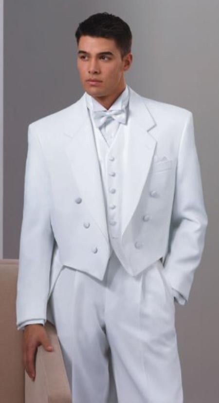 Notch Collar 6 Buttons Pleated Pants Six button Full Dress Formal Tuxedo Tailcoat in Solid Snow All White Suit For MenSatin facing mensusa