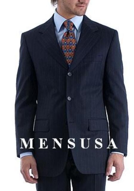 Notch Lapel Side Vented 3 buttons Rich Dark Navy Pinstripe Super 140's Wool premier quality italian fabric suit mensusa