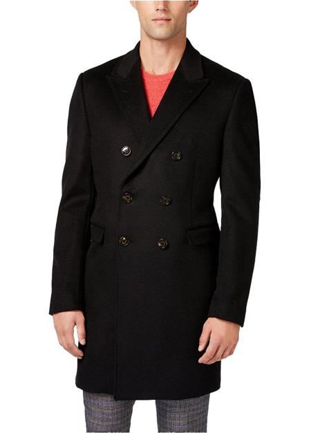 Men's Black Wool Blend Classic Fit Double-Breasted Overcoat