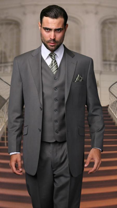 Men's 2 Button 3 Piece Vested Suit with Pleated Pants in Dark Oxford Charcoal Grey