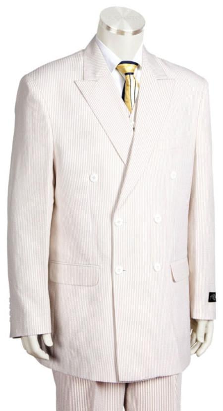 Sear Sucker Suit Mens Unique Double Breasted Suits Seersucker Sear sucker suit in Soft Poly Rayon White ( Tan ~ Beige ~ Sand) Leisure Casual Suit For Sale mensusa