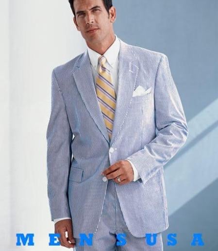 Sear Sucker Suit Seersucker Suit White and Light Blue Sky Blue Men 2 Button Jacket mensusa