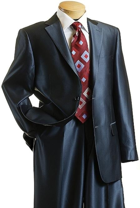 Sharkskin Shiny Sheen 2 Button Dark Blue Sharkskin Men's Suit mensusa