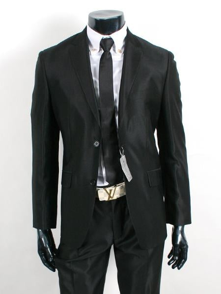 Shiny Sharkskin Jet Black 2 Button Style Jacket Flat Front Pants New Style mensusa