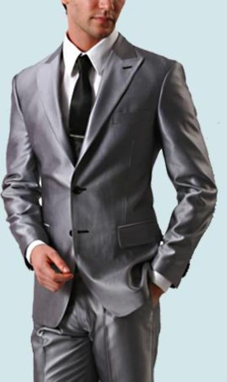 Shiny Sharkskin Silver Gray 2 Button Style Jacket Flat Front Pants New Style mensusa